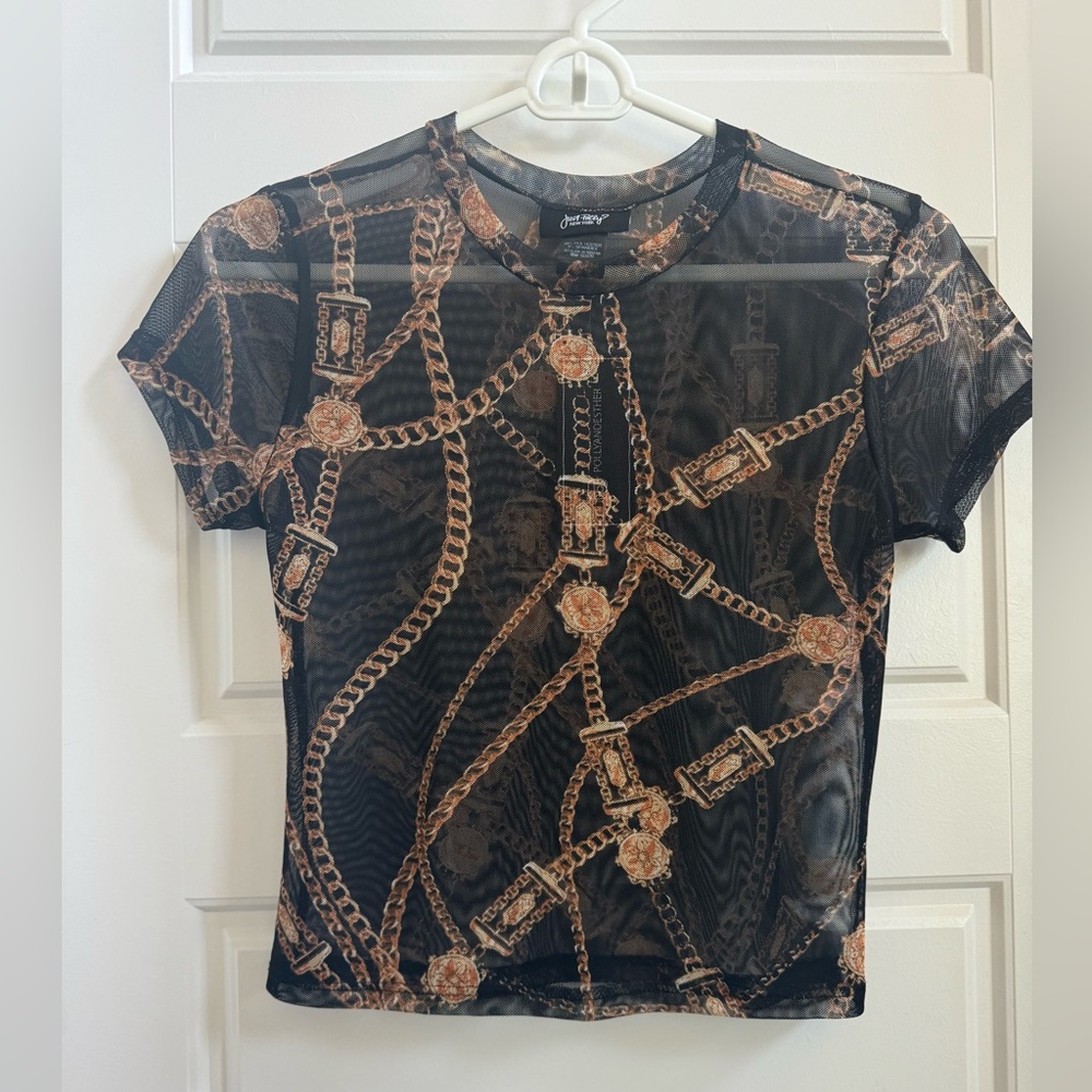 Just Polly New York Black Sheer Cropped Gold Chain Top NWT